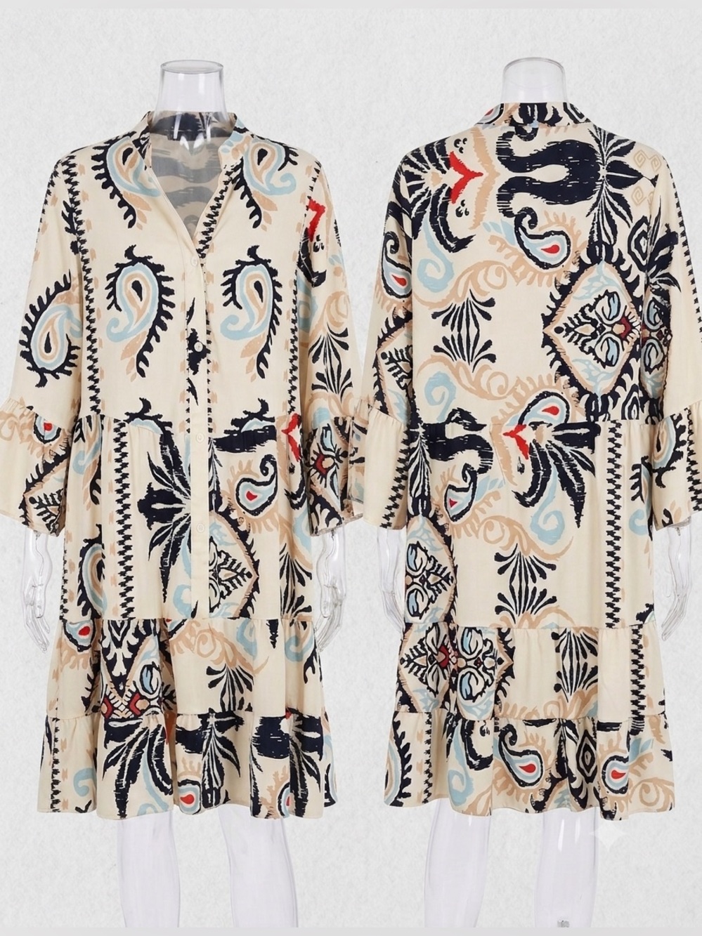 Boho Paisley Tiered Button-Front Dress – Cream with Blue & Black Print size 14